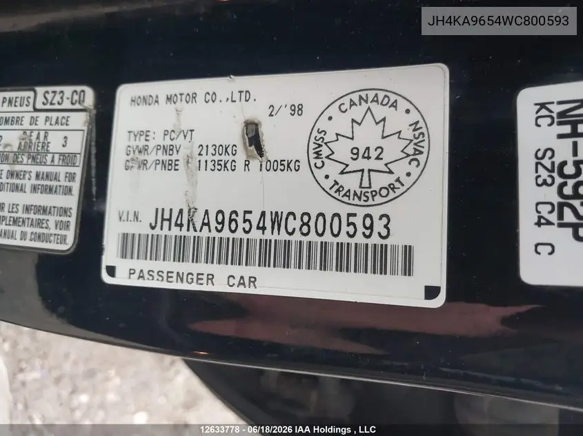 1998 Acura Rl 3.5L VIN: JH4KA9654WC800593 Lot: 12633778x