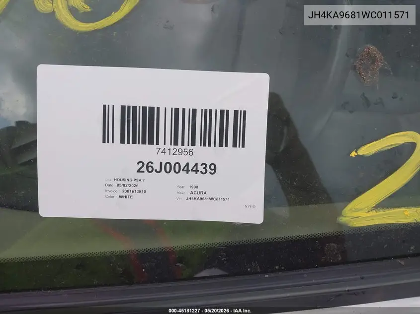1998 Acura Rl 3.5 VIN: JH4KA9681WC011571 Lot: 45181227