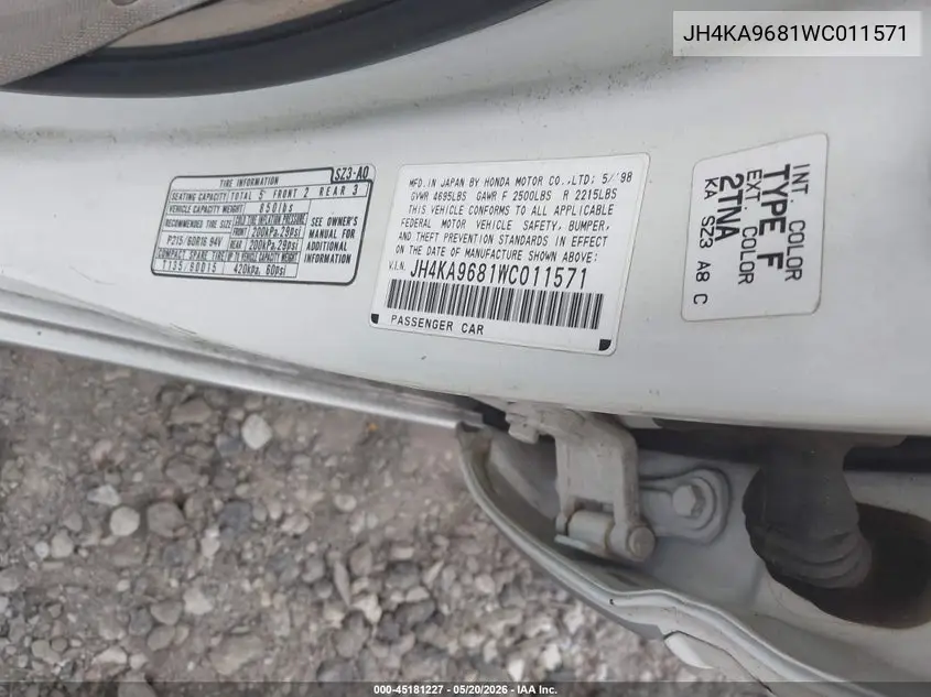 1998 Acura Rl 3.5 VIN: JH4KA9681WC011571 Lot: 45181227