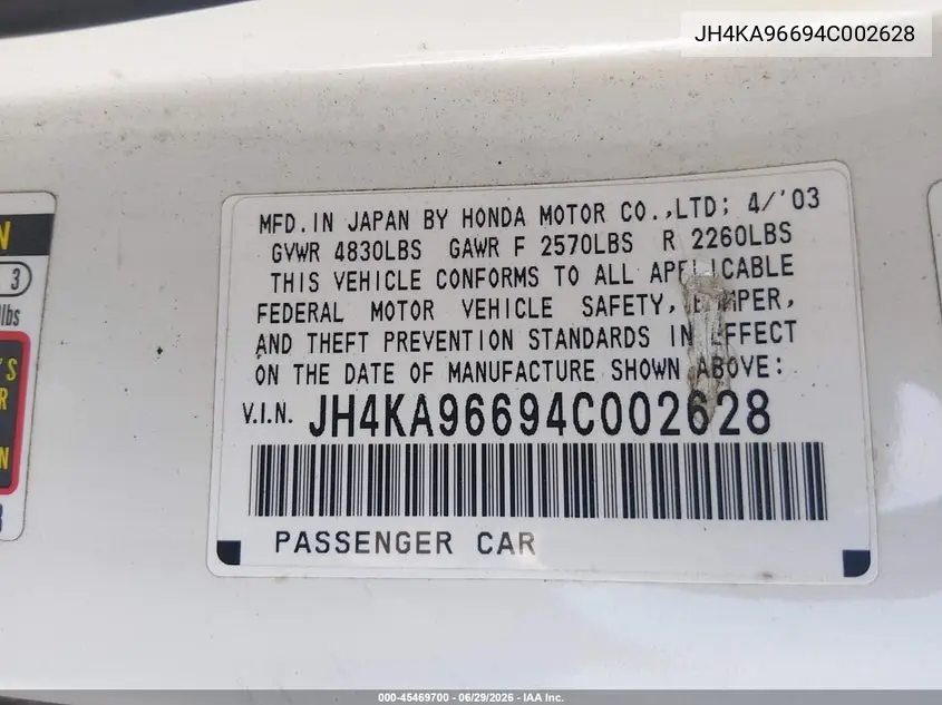 2004 Acura Rl 3.5 VIN: JH4KA96694C002628 Lot: 45469700