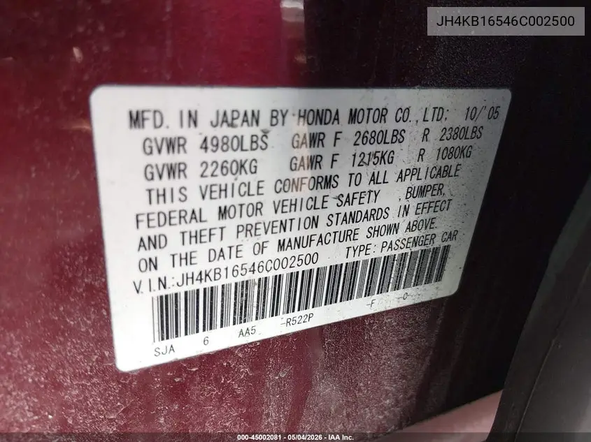 2006 Acura Rl 3.5 VIN: JH4KB16546C002500 Lot: 45002081