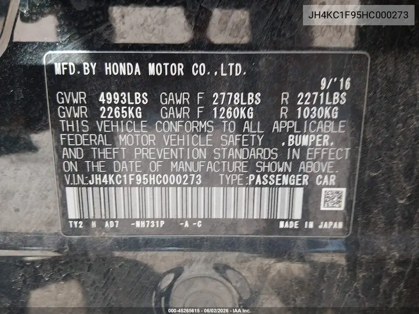 2017 Acura Rlx VIN: JH4KC1F95HC000273 Lot: 45265615