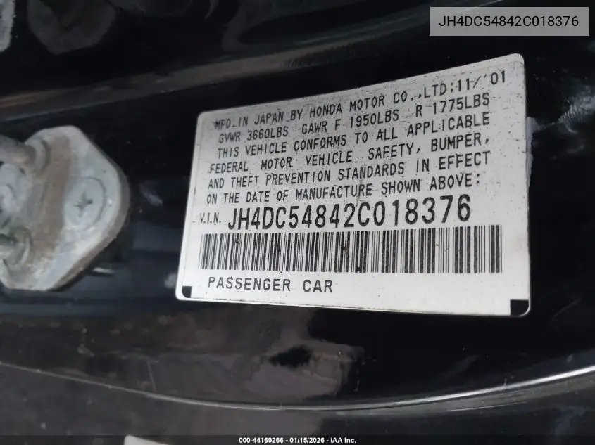 2002 Acura Rsx VIN: JH4DC54842C018376 Lot: 44169266