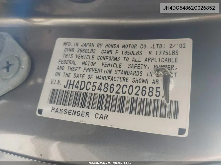 2002 Acura Rsx VIN: JH4DC54862C026852 Lot: 45146544
