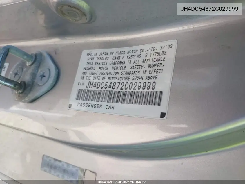 2002 Acura Rsx VIN: JH4DC54872C029999 Lot: 45329397