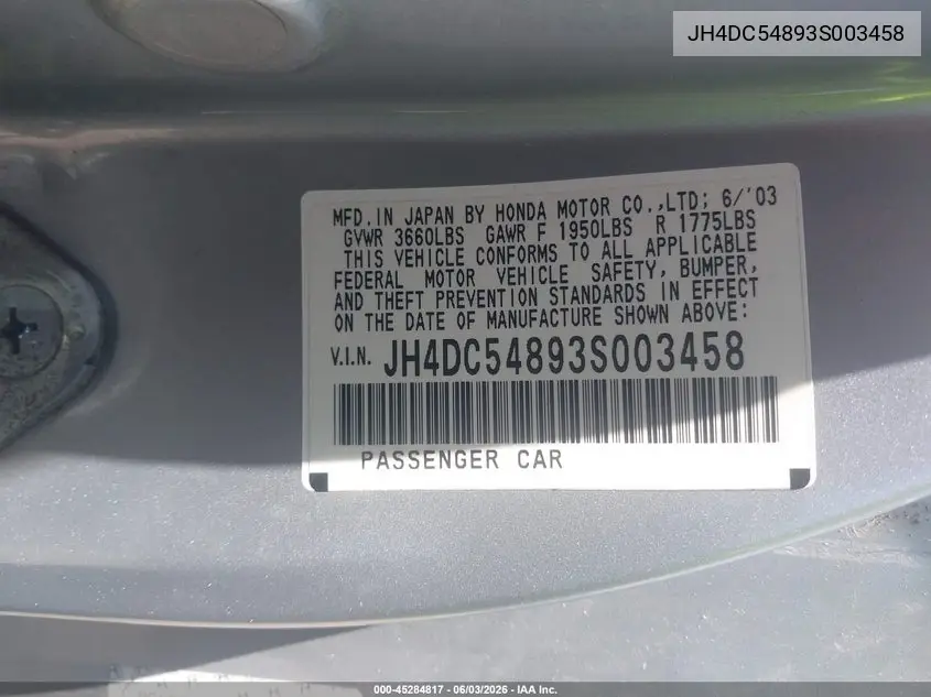 2003 Acura Rsx VIN: JH4DC54893S003458 Lot: 45284817