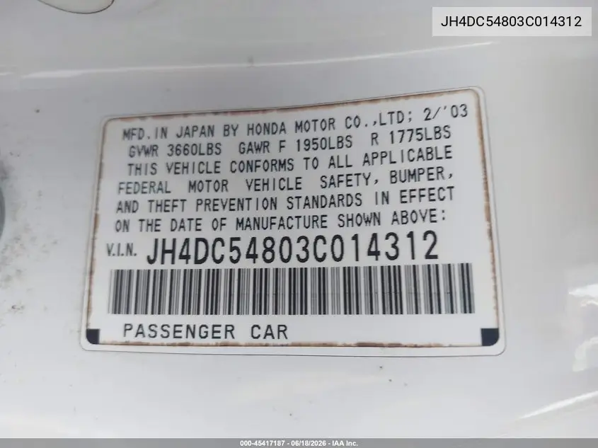 2003 Acura Rsx VIN: JH4DC54803C014312 Lot: 45417187