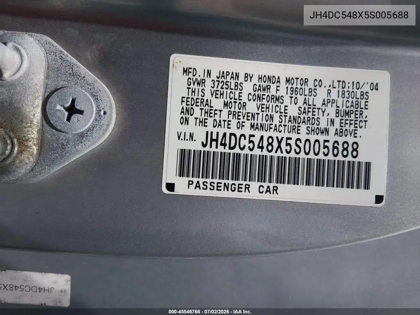 2005 Acura Rsx VIN: JH4DC548X5S005688 Lot: 45546766