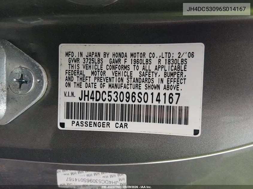 2006 Acura Rsx Type S VIN: JH4DC53096S014167 Lot: 45237763