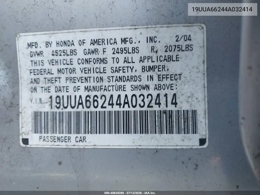 2004 Acura Tl VIN: 19UUA66244A032414 Lot: 45620288