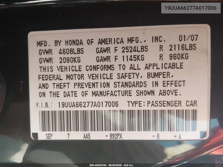 2007 Acura Tl 3.2 VIN: 19UUA66277A017006 Lot: 45452194