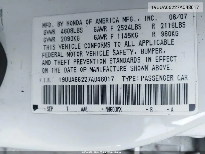 2007 Acura Tl 3.2 VIN: 19UUA66227A048017 Lot: 45581698