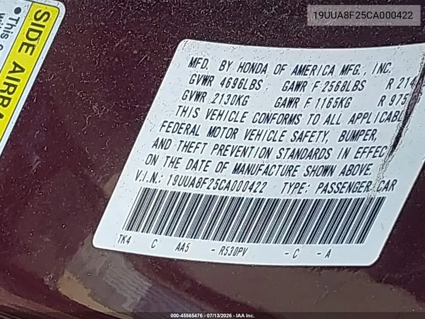 2012 Acura Tl 3.5 VIN: 19UUA8F25CA000422 Lot: 45565476