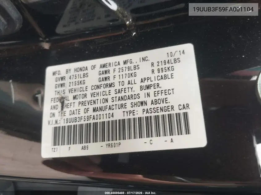 2015 Acura Tlx V6 Tech VIN: 19UUB3F59FA001104 Lot: 45595488