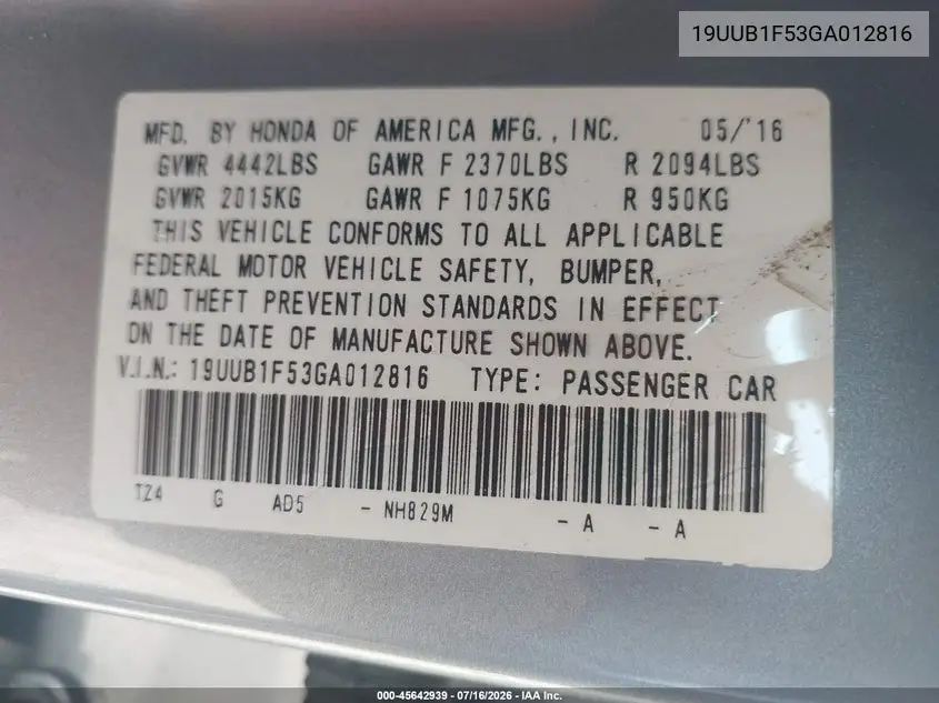 2016 Acura Tlx Tech VIN: 19UUB1F53GA012816 Lot: 45642939