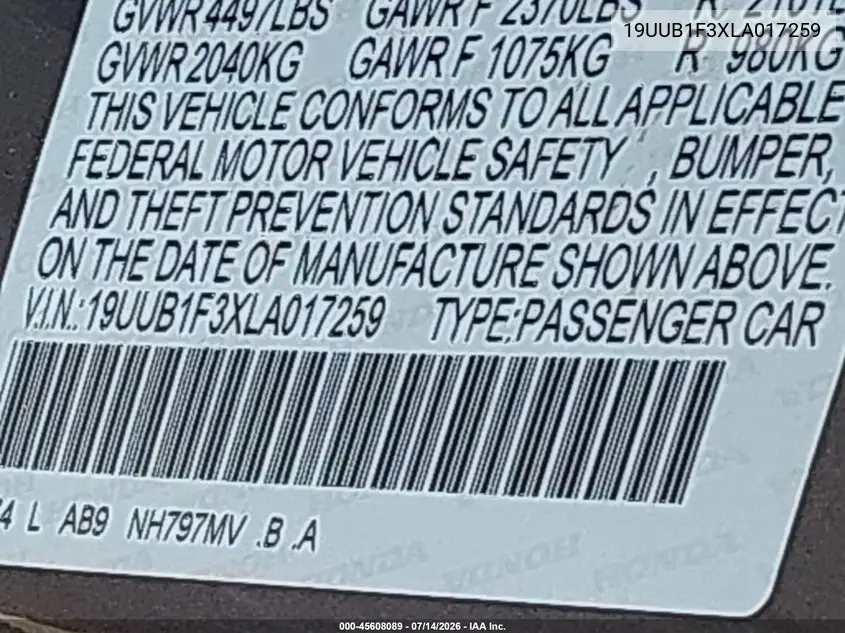 2020 Acura Tlx Standard VIN: 19UUB1F3XLA017259 Lot: 45608089