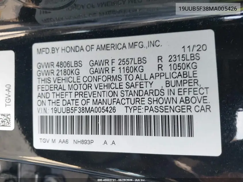 2021 Acura Tlx Standard VIN: 19UUB5F38MA005426 Lot: 45502731