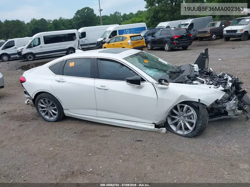 2021 Acura Tlx Standard VIN: 19UUB5F36MA002363 Lot: 45562703