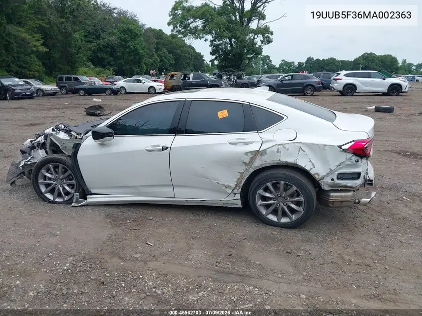 2021 Acura Tlx Standard VIN: 19UUB5F36MA002363 Lot: 45562703