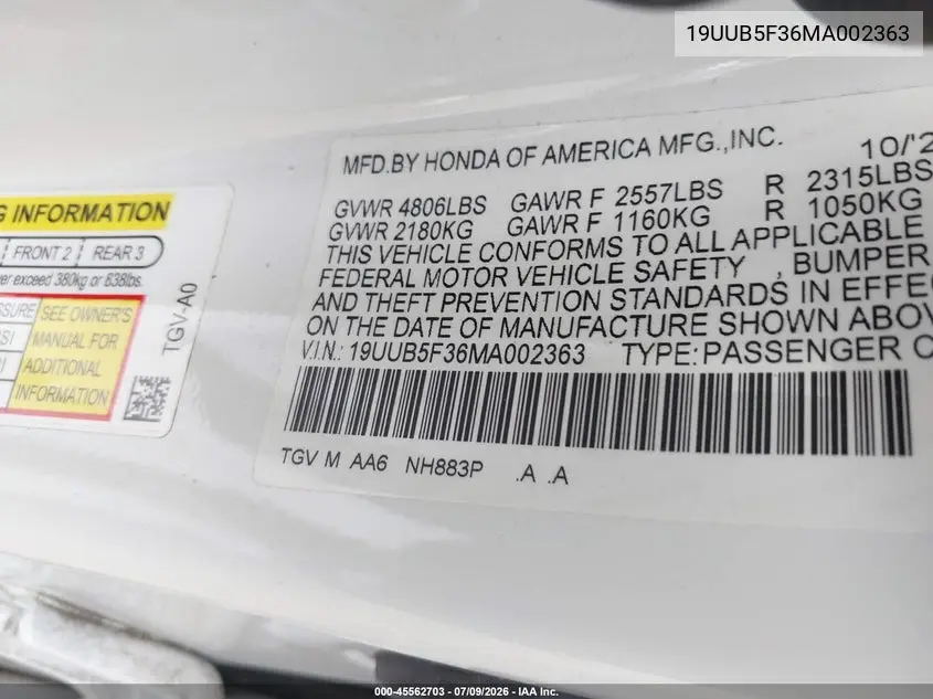 2021 Acura Tlx Standard VIN: 19UUB5F36MA002363 Lot: 45562703