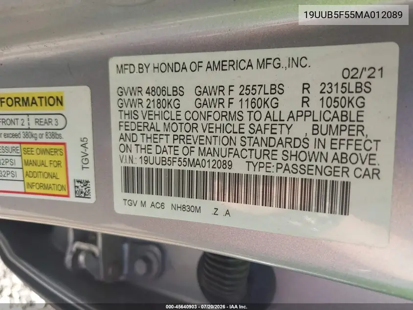 2021 Acura Tlx A-Spec Package VIN: 19UUB5F55MA012089 Lot: 45640903