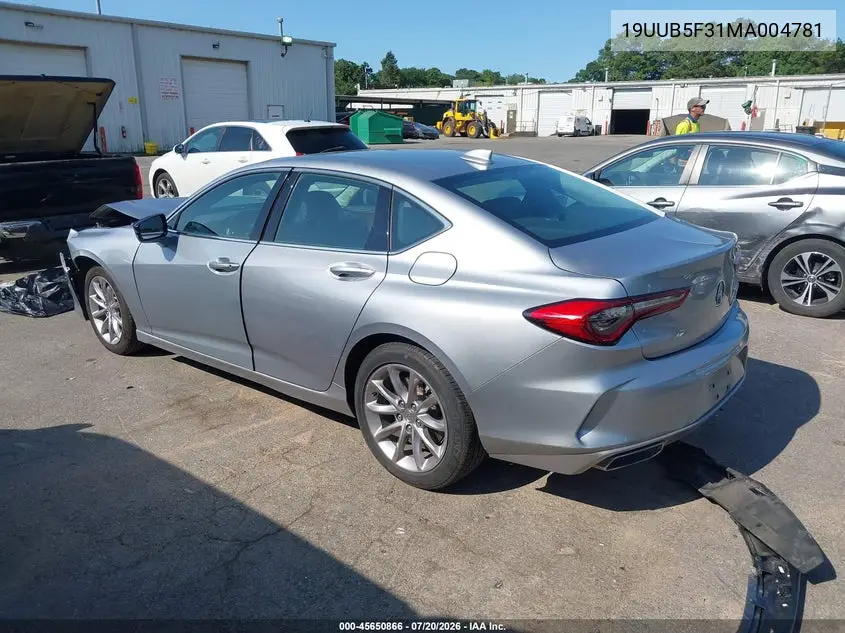 2021 Acura Tlx Standard VIN: 19UUB5F31MA004781 Lot: 45650866