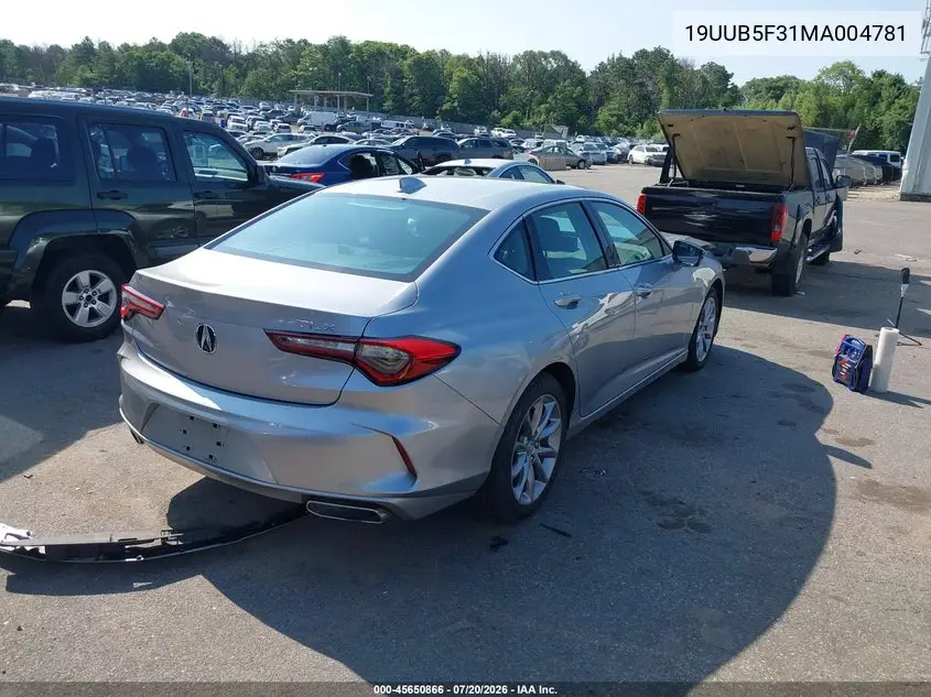 2021 Acura Tlx Standard VIN: 19UUB5F31MA004781 Lot: 45650866