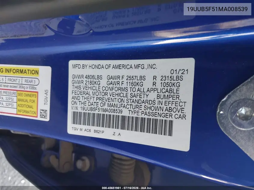 2021 Acura Tlx A-Spec Package VIN: 19UUB5F51MA008539 Lot: 45651981