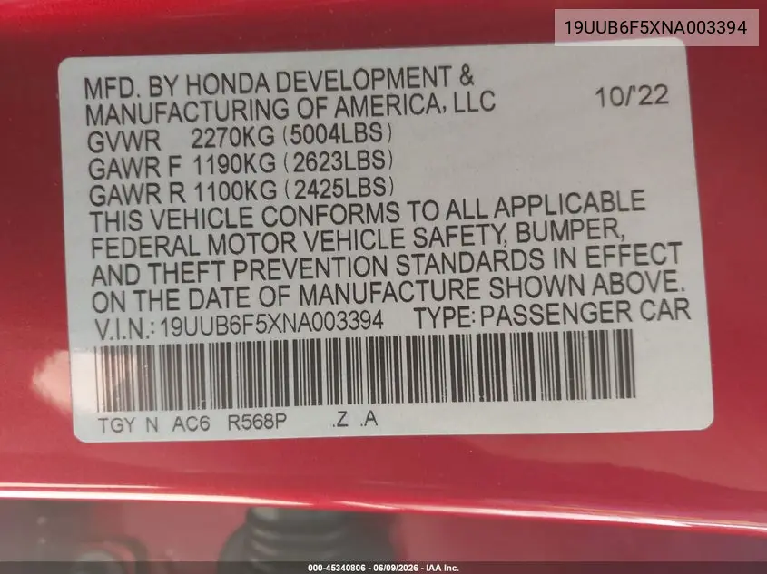 2022 Acura Tlx A-Spec Package VIN: 19UUB6F5XNA003394 Lot: 45340806