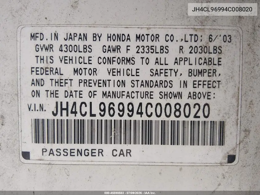 2004 Acura Tsx VIN: JH4CL96994C008020 Lot: 45590583