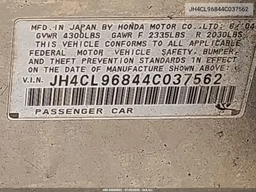 2004 Acura Tsx VIN: JH4CL96844C037562 Lot: 45660802