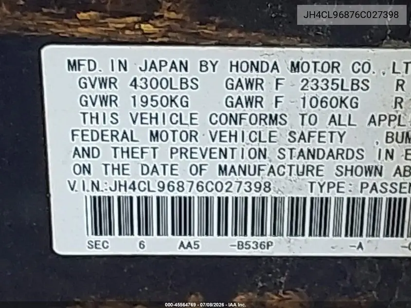 2006 Acura Tsx VIN: JH4CL96876C027398 Lot: 45564769