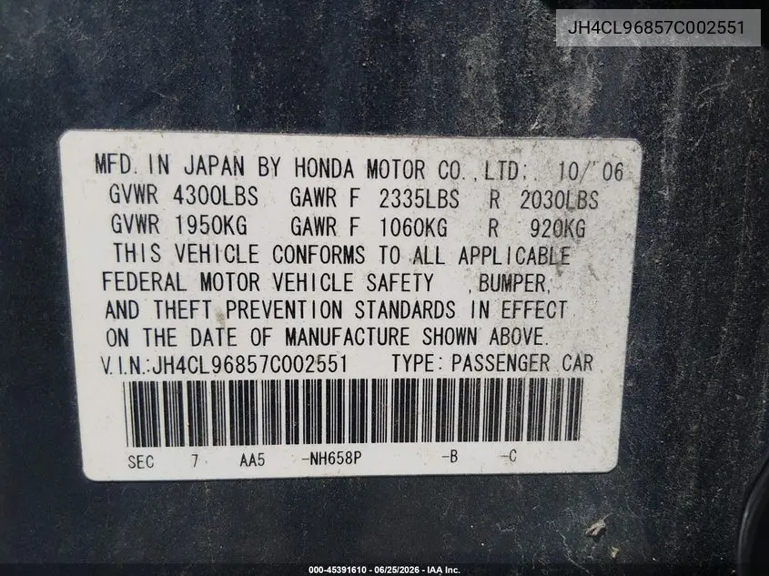 2007 Acura Tsx VIN: JH4CL96857C002551 Lot: 45391610
