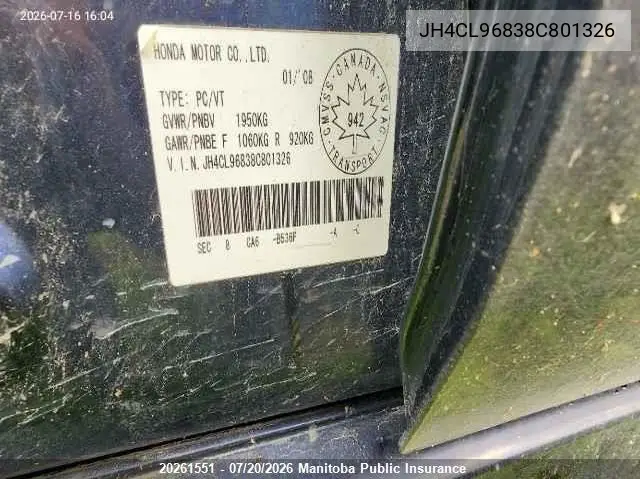 2008 Acura Tsx VIN: JH4CL96838C801326 Lot: 20261551