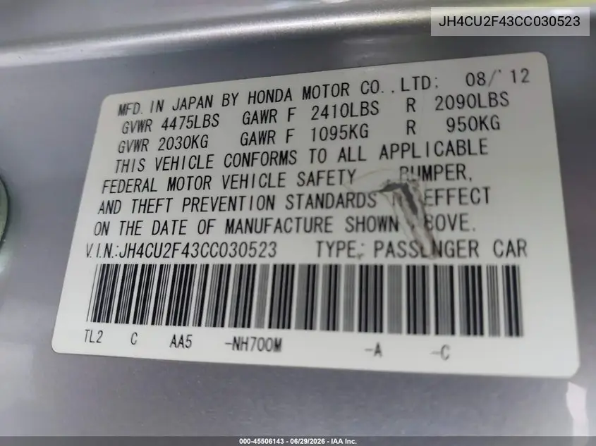 2012 Acura Tsx 2.4 VIN: JH4CU2F43CC030523 Lot: 45506143