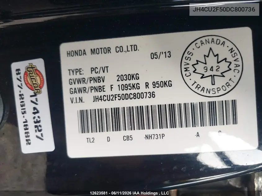 2013 Acura Tsx VIN: JH4CU2F50DC800736 Lot: 12623581