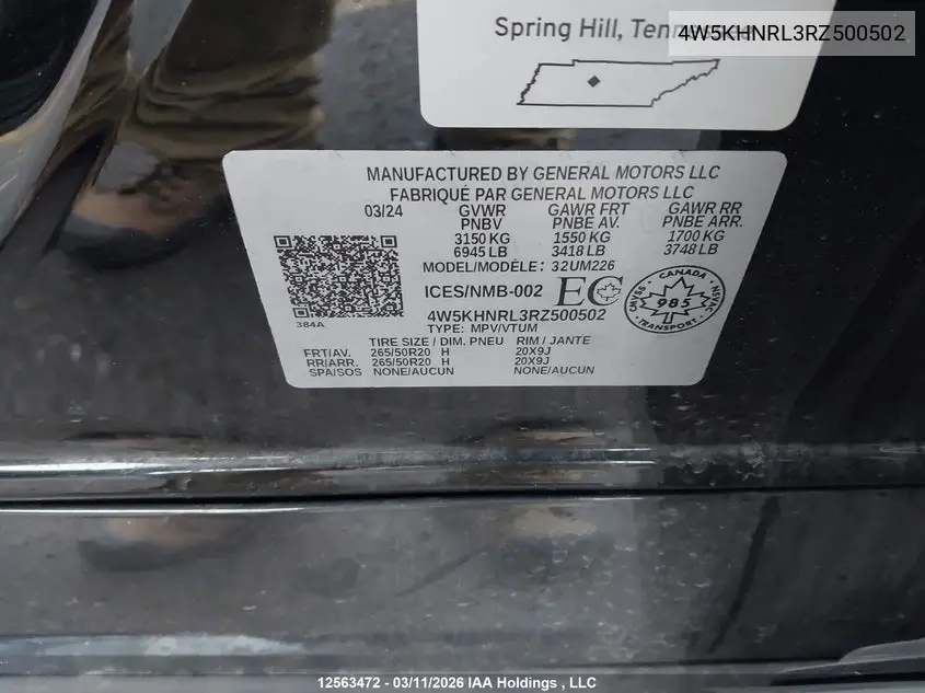 2024 Acura Zdx VIN: 4W5KHNRL3RZ500502 Lot: 12563472