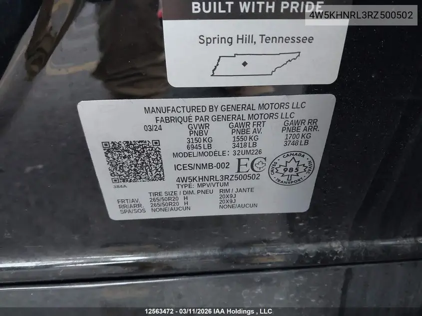2024 Acura Zdx VIN: 4W5KHNRL3RZ500502 Lot: 12563472