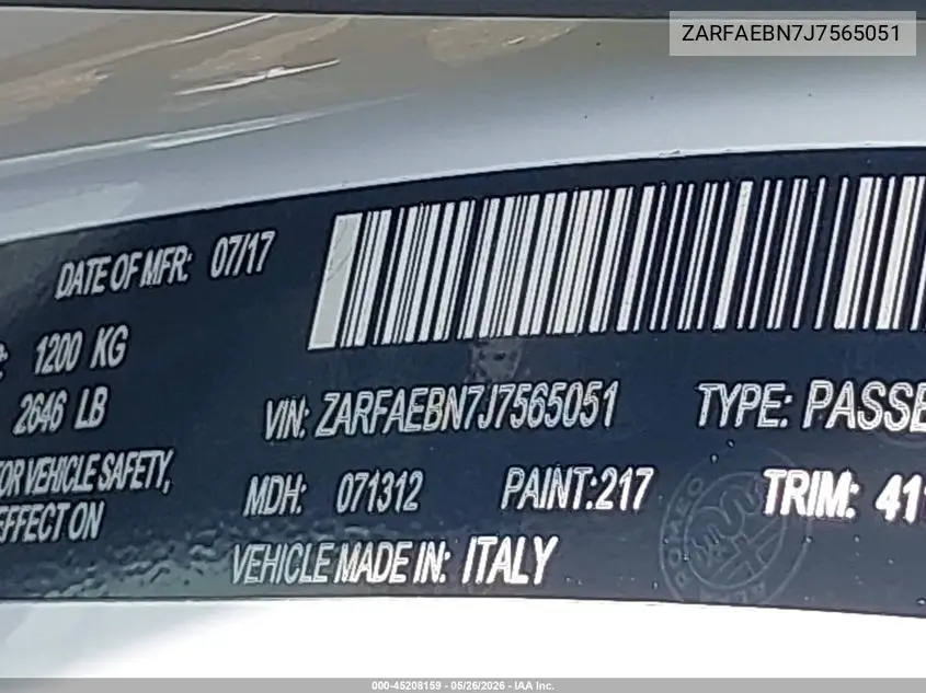 2018 Alfa Romeo Giulia Rwd VIN: ZARFAEBN7J7565051 Lot: 45208159
