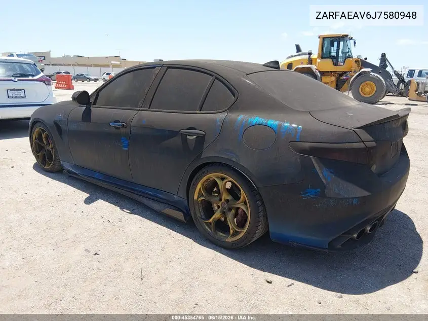 2018 Alfa Romeo Giulia Quadrifoglio Rwd VIN: ZARFAEAV6J7580948 Lot: 45354765