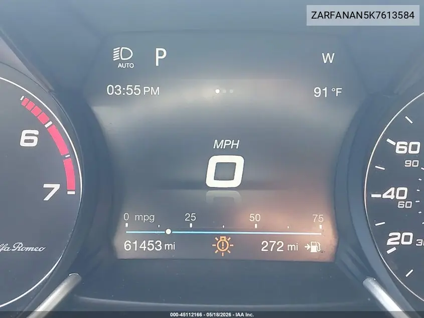 2019 Alfa Romeo Giulia Awd VIN: ZARFANAN5K7613584 Lot: 45112166