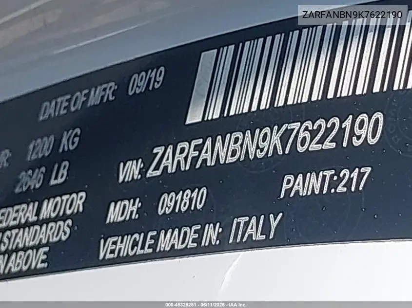 2019 Alfa Romeo Giulia Ti Awd VIN: ZARFANBN9K7622190 Lot: 45325251