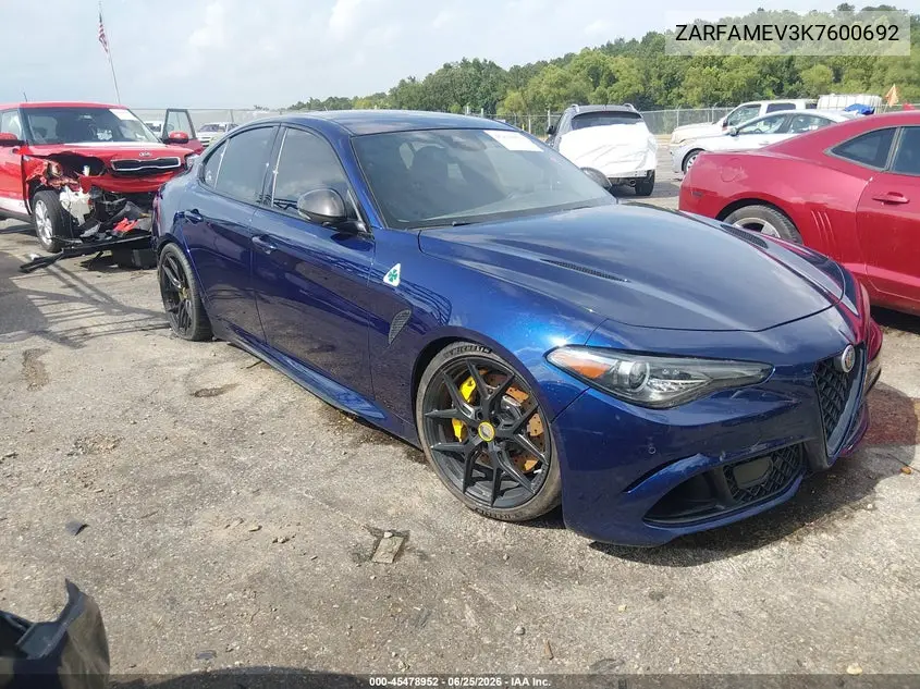 2019 Alfa Romeo Giulia Quadrifoglio Rwd VIN: ZARFAMEV3K7600692 Lot: 45478952
