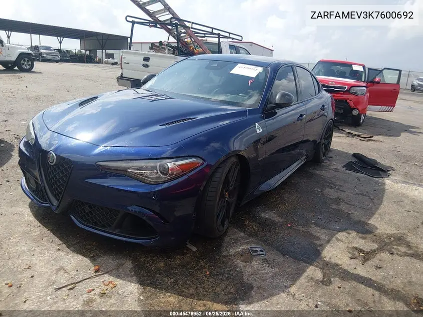 2019 Alfa Romeo Giulia Quadrifoglio Rwd VIN: ZARFAMEV3K7600692 Lot: 45478952