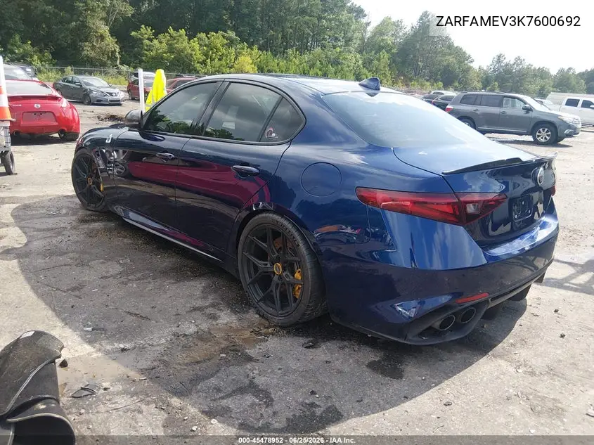 2019 Alfa Romeo Giulia Quadrifoglio Rwd VIN: ZARFAMEV3K7600692 Lot: 45478952