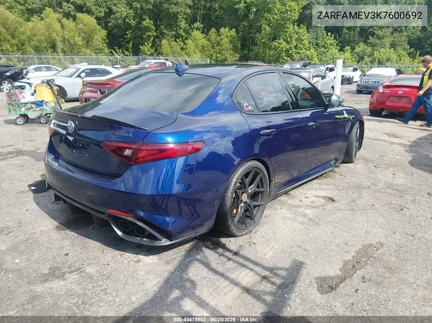 2019 Alfa Romeo Giulia Quadrifoglio Rwd VIN: ZARFAMEV3K7600692 Lot: 45478952