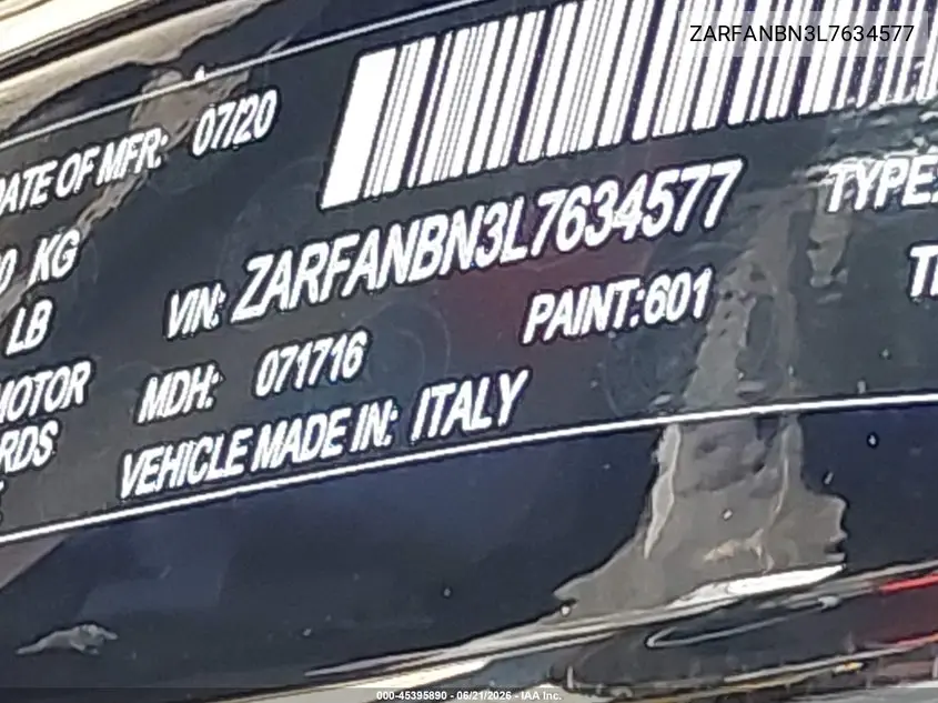 2020 Alfa Romeo Giulia Ti Sport Awd VIN: ZARFANBN3L7634577 Lot: 45395890