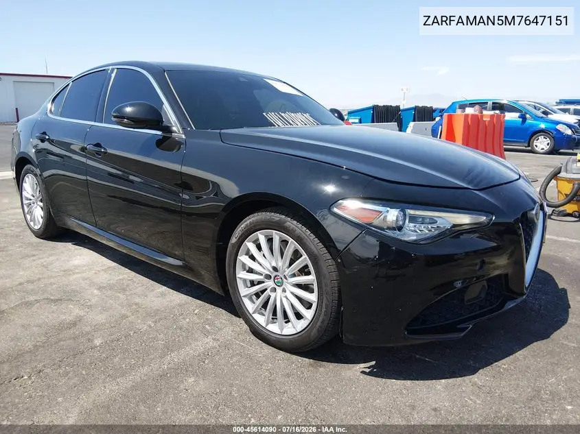 2021 Alfa Romeo Giulia Rwd VIN: ZARFAMAN5M7647151 Lot: 45614090