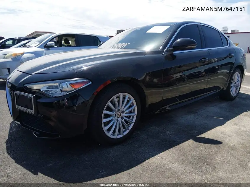2021 Alfa Romeo Giulia Rwd VIN: ZARFAMAN5M7647151 Lot: 45614090