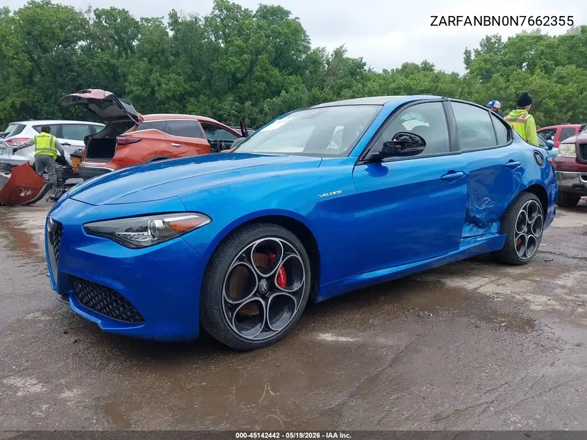 2022 Alfa Romeo Giulia Veloce Awd VIN: ZARFANBN0N7662355 Lot: 45142442